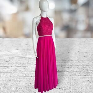 Madison James Hot Pink Fuchsia High Neck Modest Prom Bridesmaid dress